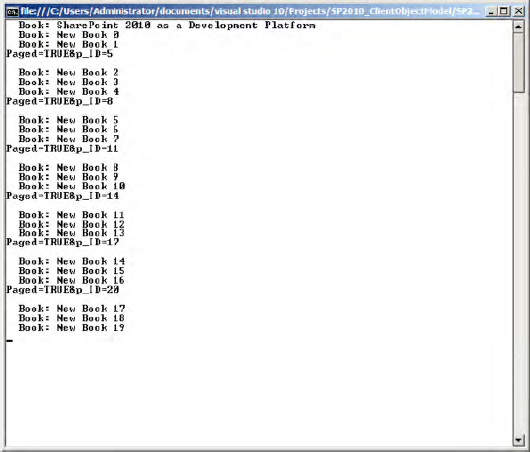 Console output of the paging example