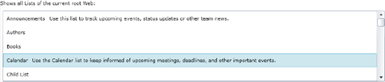 A ListBox showing the root web's lists