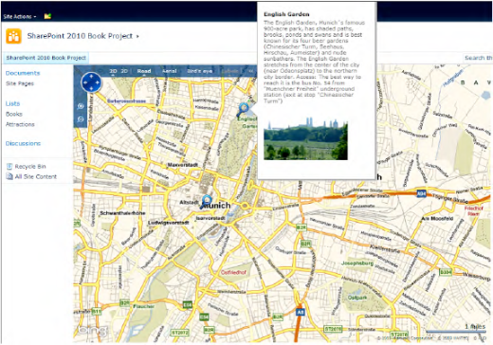 Bing map with tourist attractions and information box