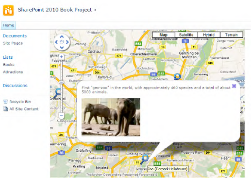 Google map with tourist atractions, markers, and an info window