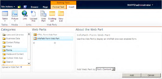 Inserting the InfoPath Form Web Part