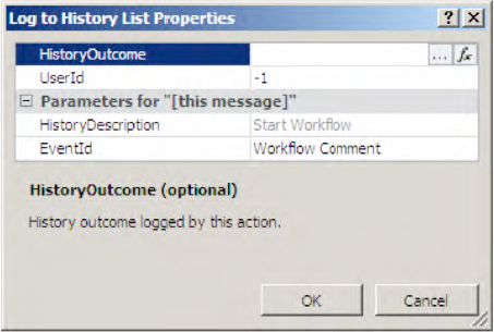 Properties dialog for SharePoint Designer activities