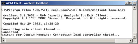 The WCAT client is connected and waiting for instruction to proceed.