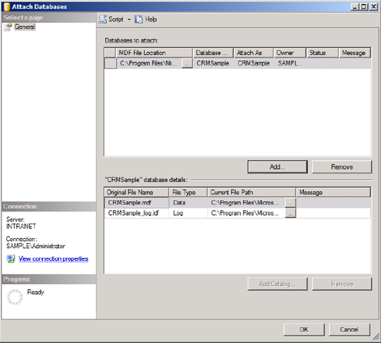 Attaching the CRMSample database