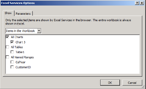 Selecting workbook items to publish to Excel Services