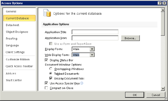 Setting options for the current database