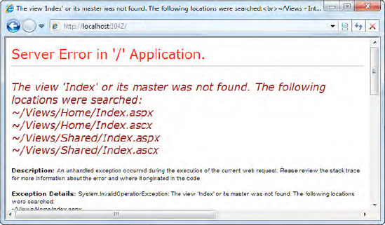 Error message shown when ASP.NET MVC can't find a view template