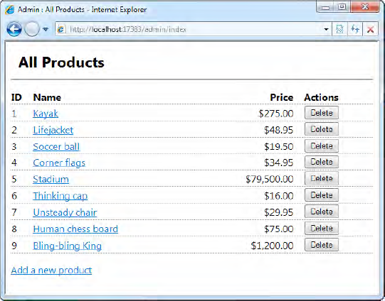 The administrator's product list screen