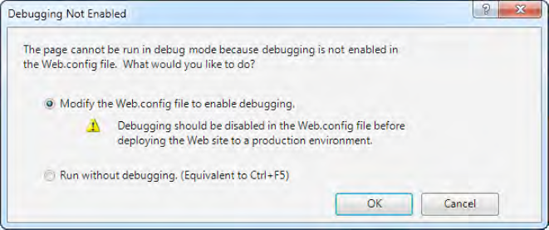 Visual Studio's prompt to enable debugging of Web Forms pages