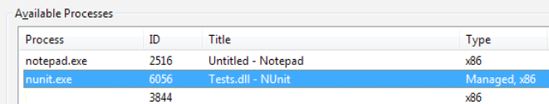Attaching the Visual Studio debugger to NUnit GUI