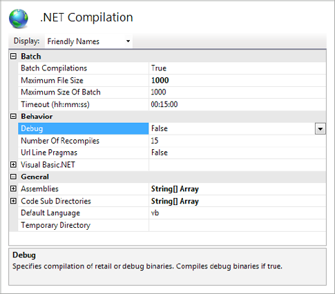 Using IIS 7's .NET Compilation tool to turn off the debug ASPX compilation mode