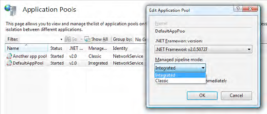 Configuring an app pool to run in integrated or classic pipeline mode
