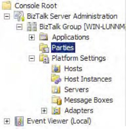 The Parties folder in BizTalk