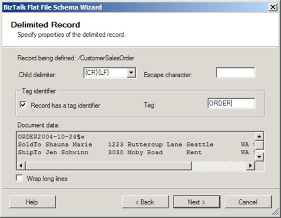 Specifying the properties of the delimited record