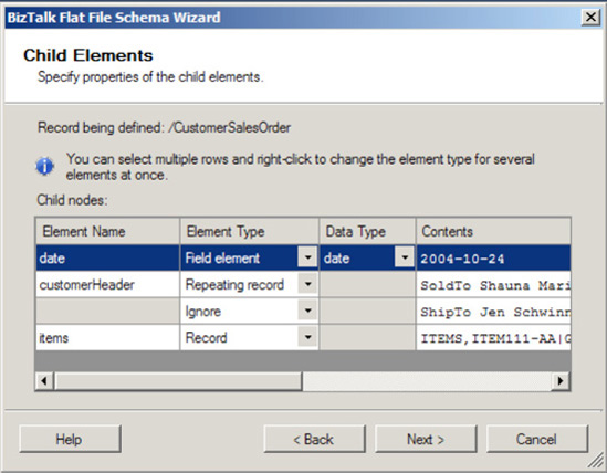 Specifying the properties of the record's child elements