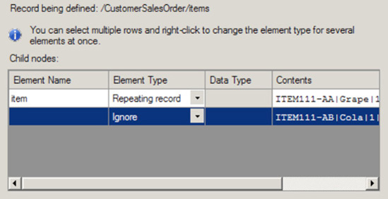 Specifying properties of the items record's child elements