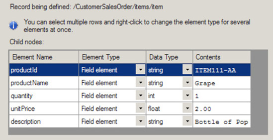 Specifying the properties of the record item's child elements