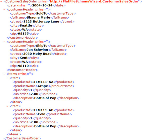 XML version of the flat file, created by validating the schema