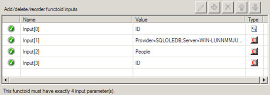 Database Lookup Functoid input parameters dialog box