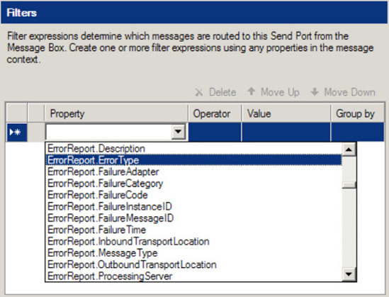 The Error Report properties available in filters