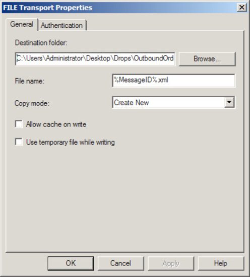 Configuring file sends in the FILE Transport Properties dialog box