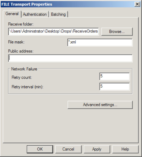 Configuring file receives in the FILE Transport Properties dialog box