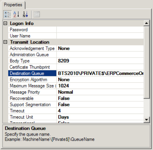 Configuring an MSMQ send port