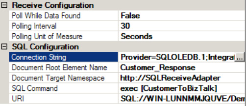 Viewing the completed SQL Transport Properties dialog box