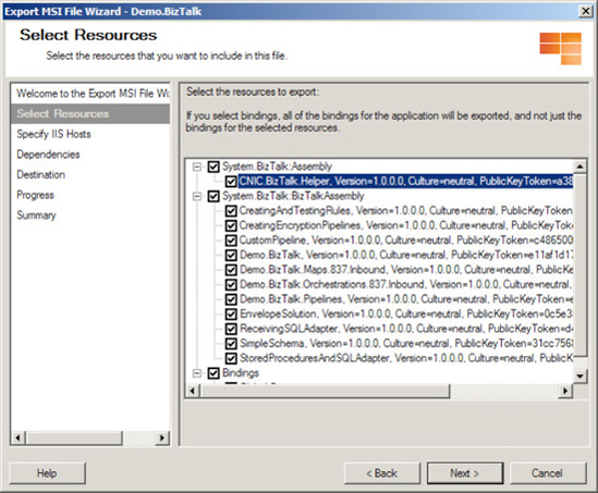 The Select Resources page of the Export MSI Wizard