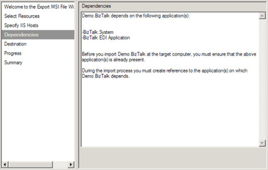 The Dependencies page of the Export MSI Wizard