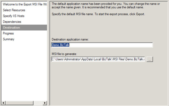 The Destination page of the Export MSI Wizard