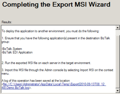 The Summary page of the Export MSI Wizard