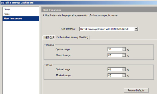 Configuring memory in the BizTalk Settings Dashboard