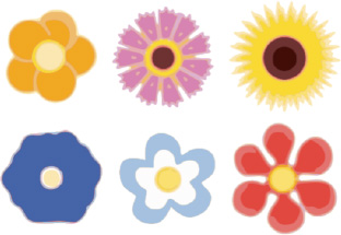 From left to right, top row: anemone, cosmos, and gerberas; bottom row: hollyhock, jasmine, and zinnia