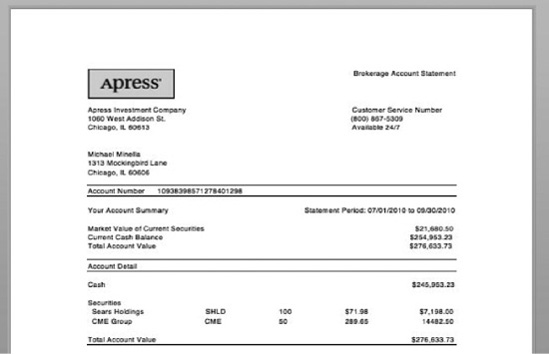 Brokerage statement, formatted and printed on letterhead