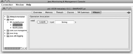 The JMXJobRunner.runJob method exposed in JConsole