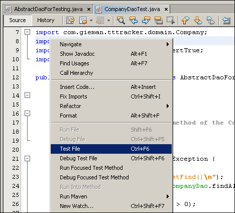 Running the CompanyDaoTest.java file