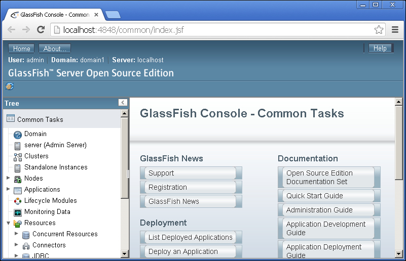 Opening the GlassFish admin console