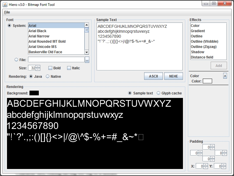 Using Hiero to generate bitmap font files