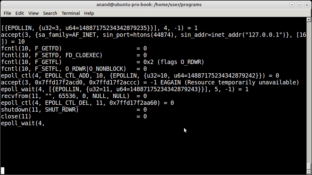 System call tracing using strace