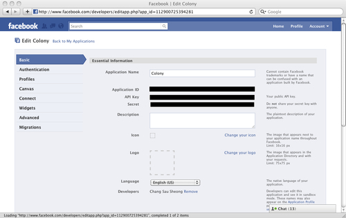 Registering a Facebook application