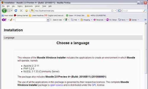 Time for action - download and run the Moodle installer