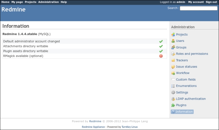 Using TurnKey Redmine appliance