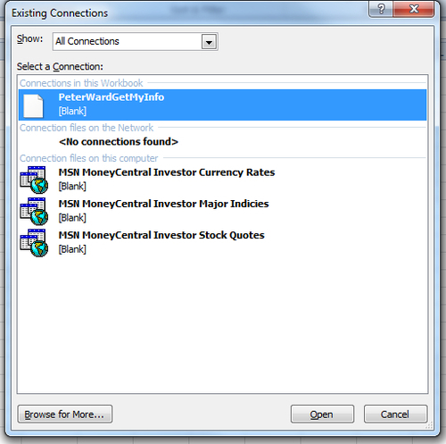 Using a data connection in an Excel file