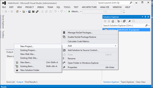 Creating the HelloWorld solution and project