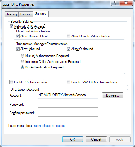 Configuring the Microsoft Distributed Transaction Coordinator