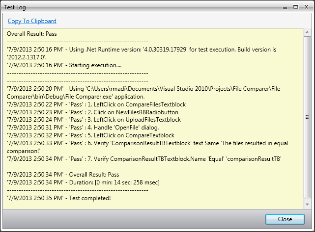 Test Studio's built-in log