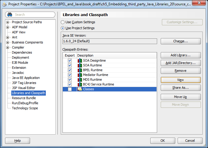 Adding custom classes from the JDeveloper project properties