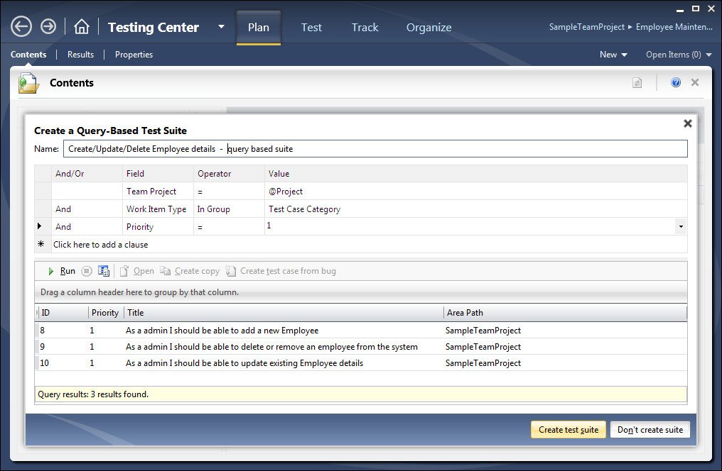 Query-based Test Suites