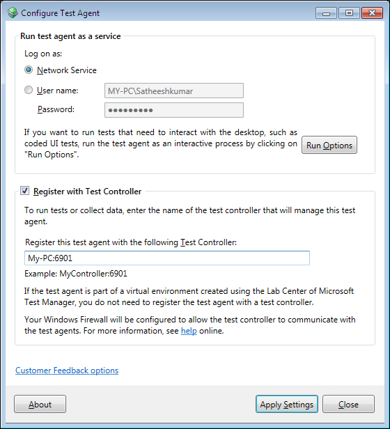 Test Controller and Test Agent Configuration